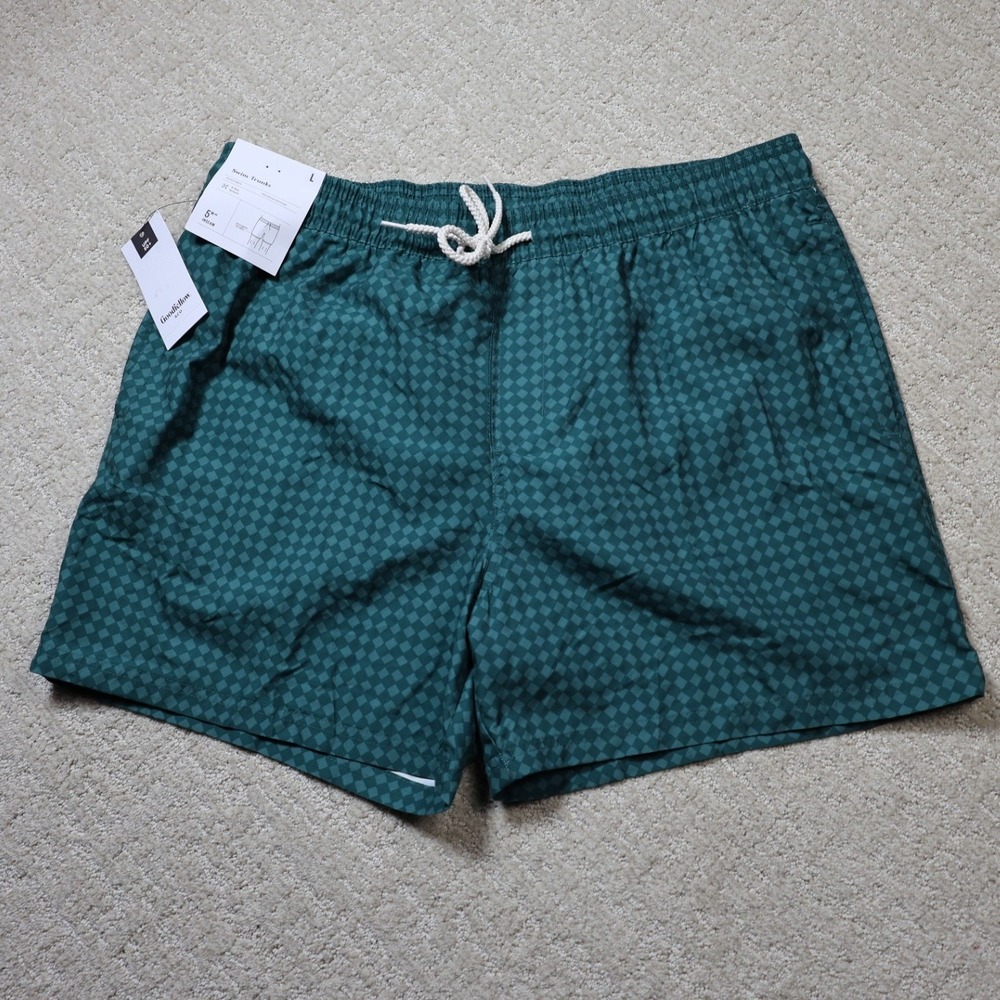Goodfellow & Co Mens Teal Checkered 5 Inch Inseam Swim Trunks Green Large NWT